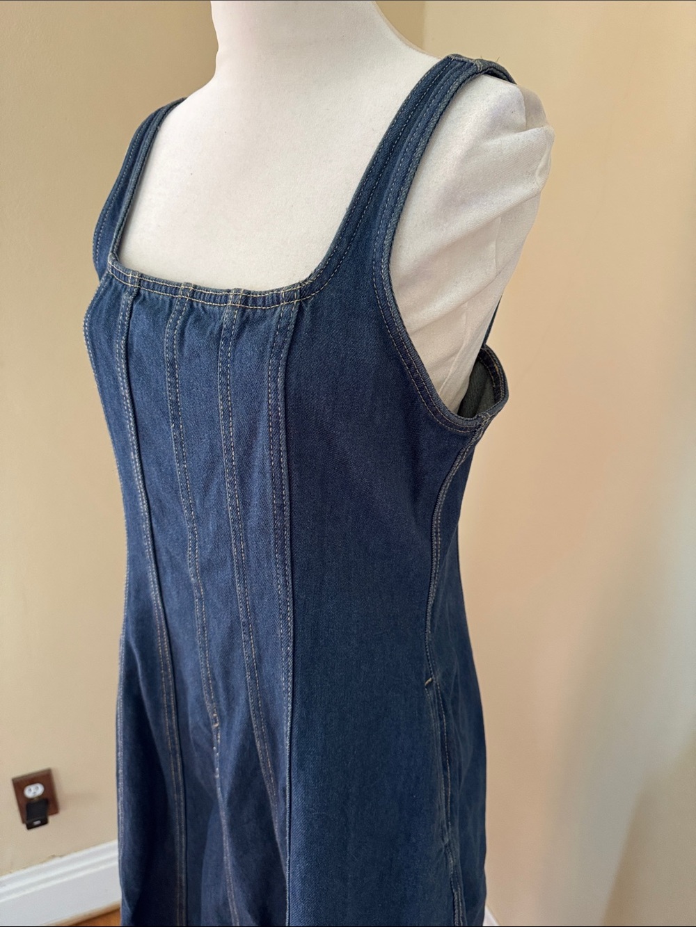 Dark Blue Denim A-Line Sundress - Women's Sleeveless Dress 8 - Picture 3 of 7